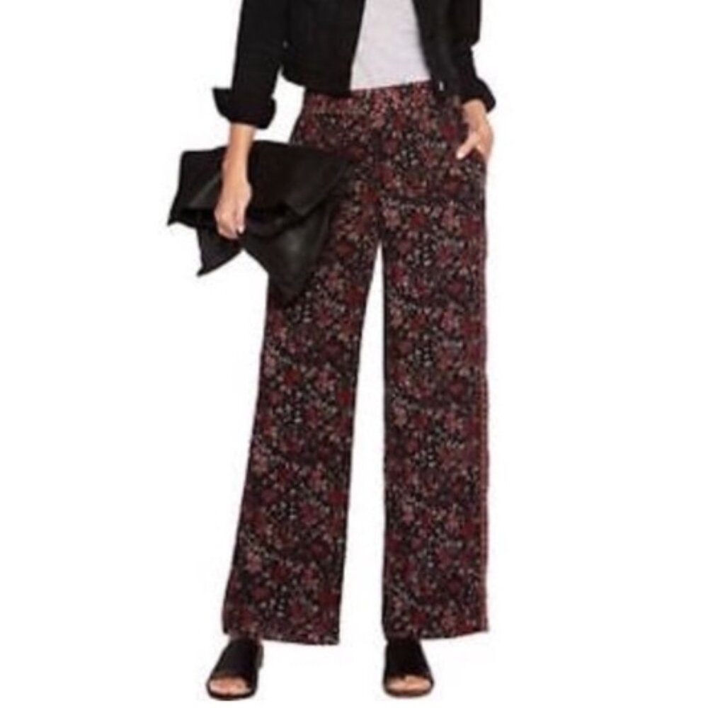Joie wide leg 100% silk floral burgundy print drawstring pants
